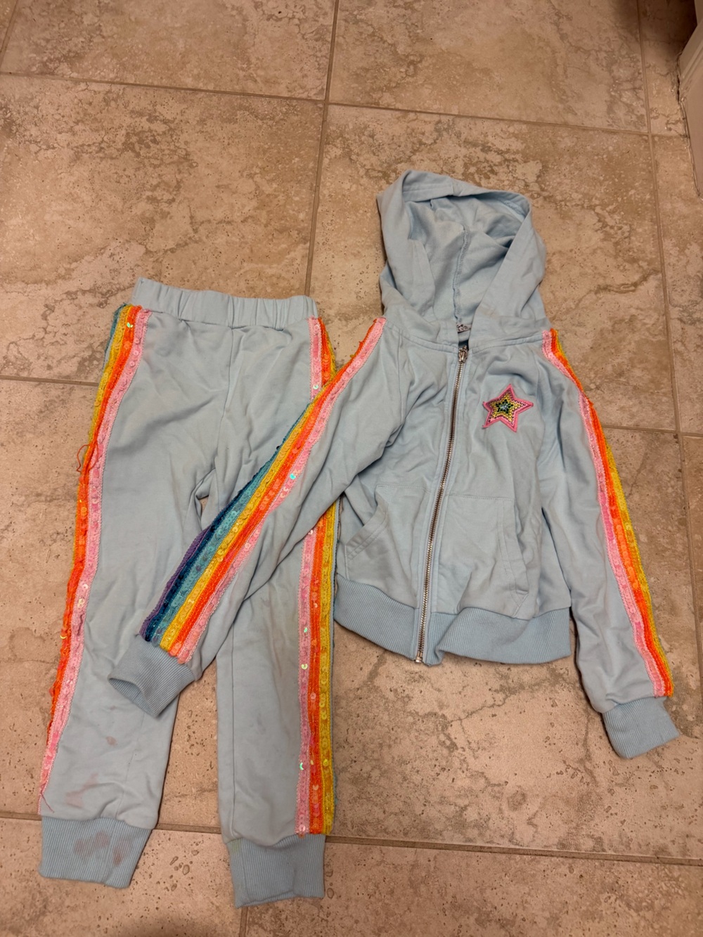 Lola + The Boys Light Blue Hoodie & Jogger Set with Rainbow Sequin Stripes